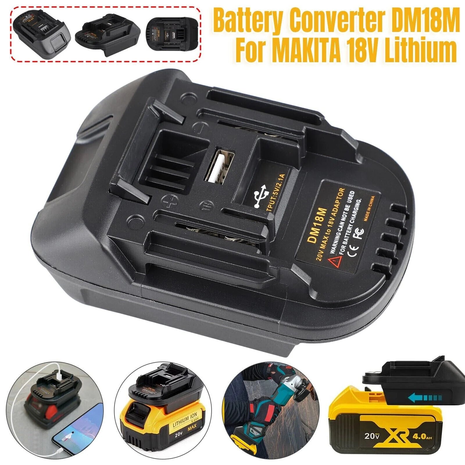 USB Battery Adapter Converter for 20V DEWALT Milwaukee M18 Convert to Makita 18V