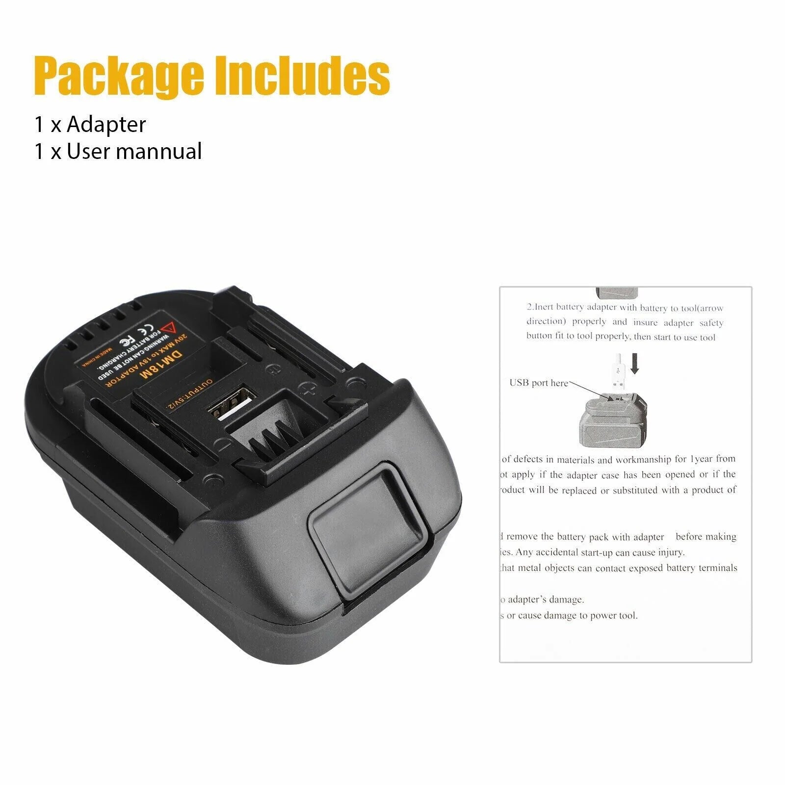 USB Battery Adapter Converter for 20V DEWALT Milwaukee M18 Convert to Makita 18V