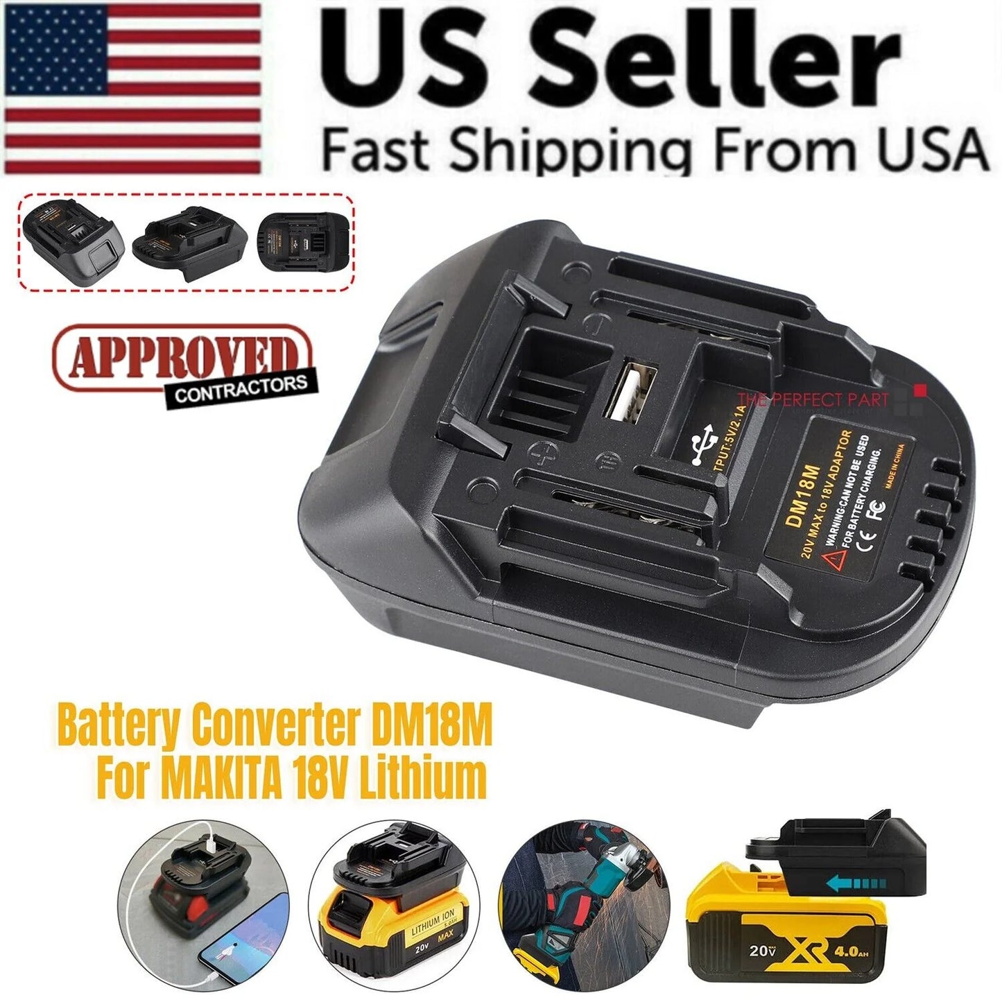 USB Battery Adapter Converter for 20V DEWALT Milwaukee M18 Convert to Makita 18V