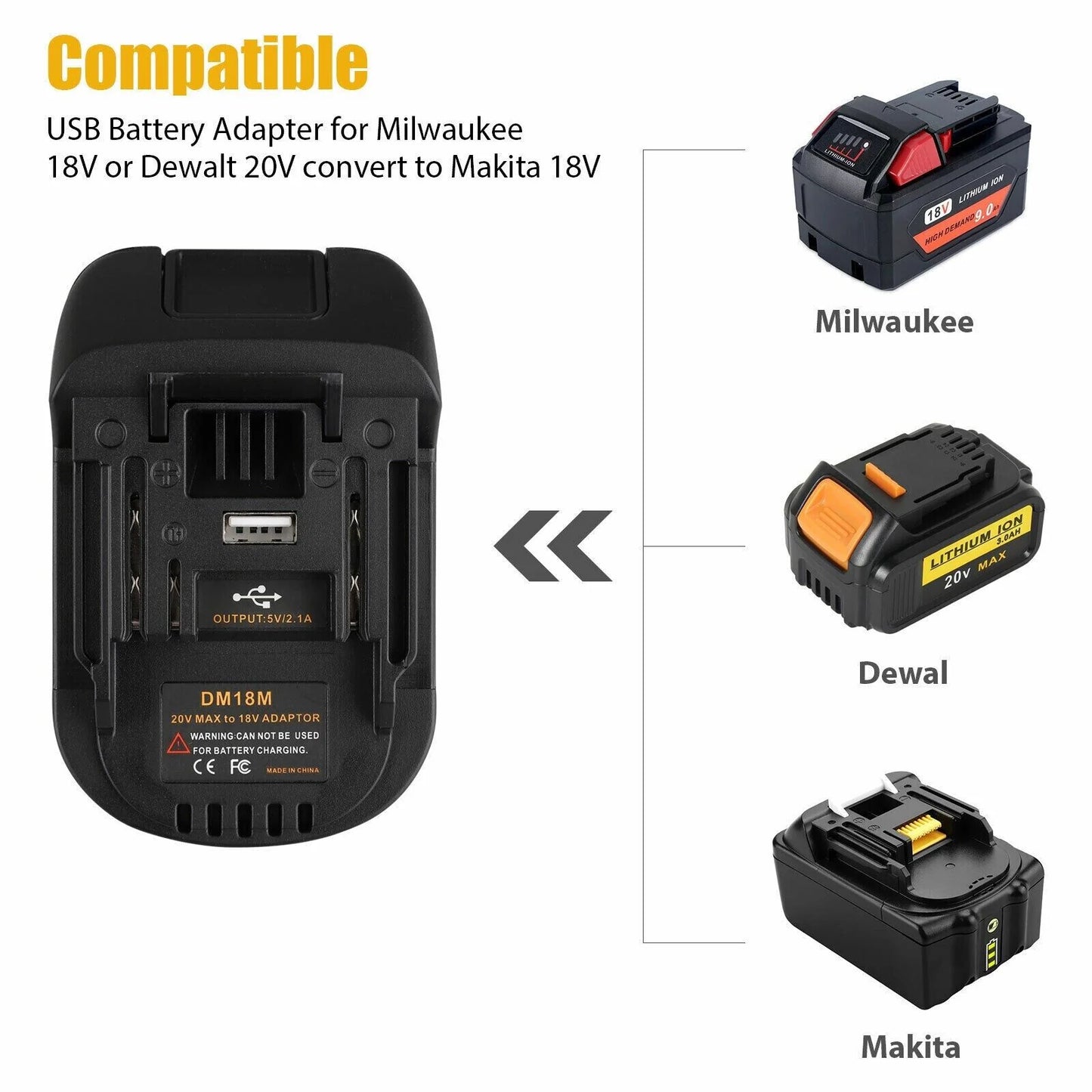 USB Battery Adapter Converter for 20V DEWALT Milwaukee M18 Convert to Makita 18V